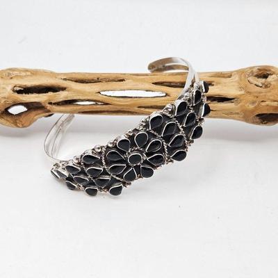 Native American Petit Point Style Sterling Silver Cuff Bracelet with Beautiful Bezel Black Onyx Stones