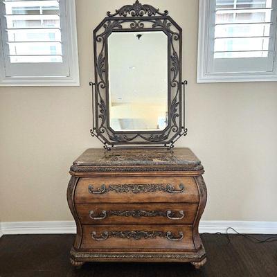 Carved Wood Bombay Chest of Drawers with Marble Top, Comes with Wrought Iron Mirror