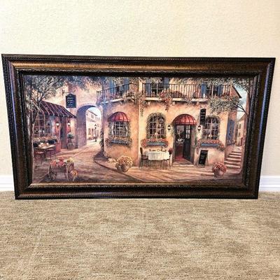 Beautiful Large Wall Art Piece Showing an Italian Outdoor Cafe Scene - Framed 56" W x 32"T