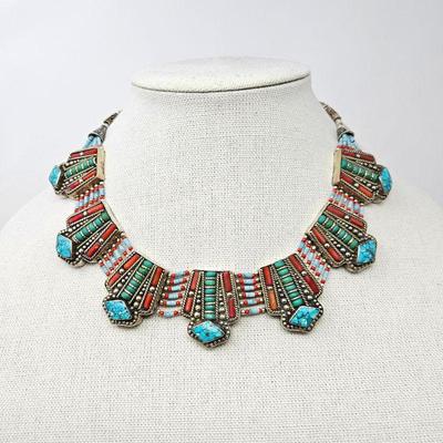 
Lot #95 - Tibetan Tribal 18" Necklace with Red, Green & Turquoise Colored Stones Set in Silver