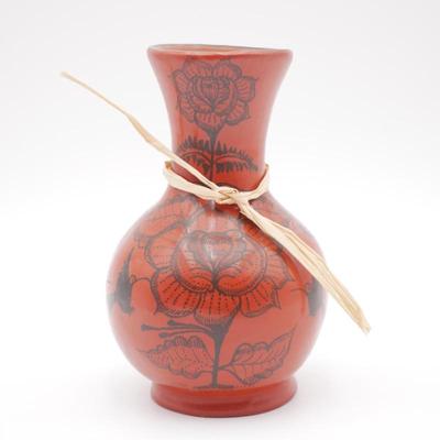 Redware Vase with Black Flower and Bird Illustration