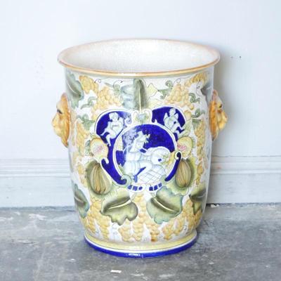 Large Ceramic Planter with Lion Heads and Grape Vine Motif