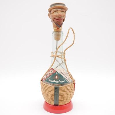 Glass Chianti Bottle with Carved Wooden Head Stopper