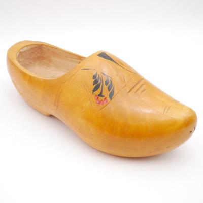 Vintage Large Handcarved Wooden Dutch Clog with Leaf Design