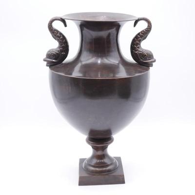 20th Century Neoclassical Bronzed Solid Brass Urn With Dolphin Handle Accents