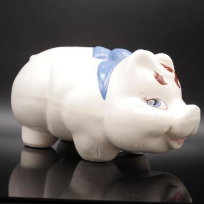 Vintage Large White Ceramic Piggy Bank with Blue Bow