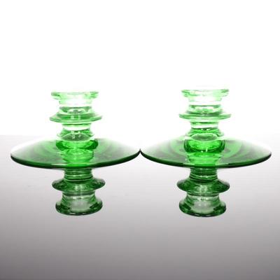 Pair of Vintage Green Depression Glass Candlestick Holders