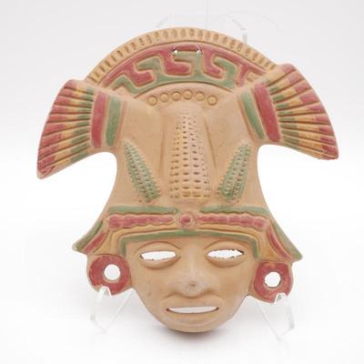 Mexican Terracotta Decorative Wall Mask Depicting a Mayan God