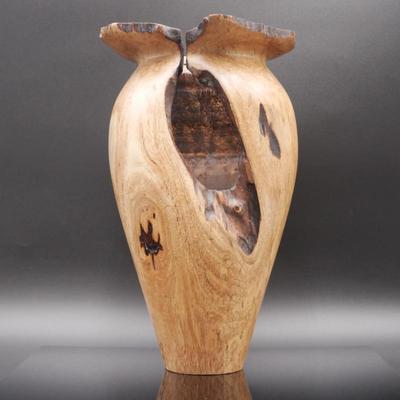 Turned Natural Wood Vase with Flared Rim