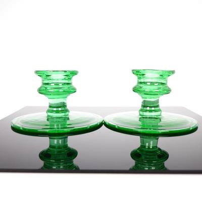Pair of Vintage Green Depression Glass Candlestick Holders