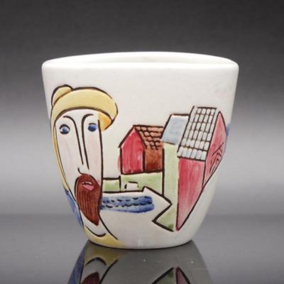 Vintage Swedish Pottery Hand Painted Vessel "Fisherman" By Carl Harry Stalhane