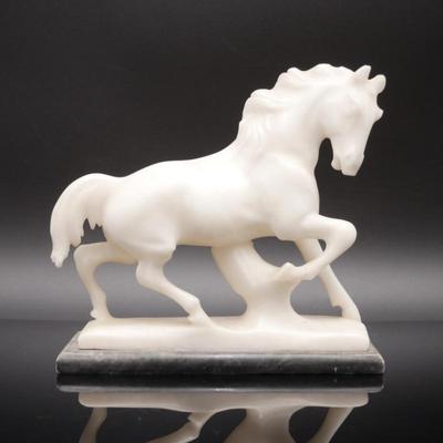 Vintage Galloping Horse White Alabaster Sculpture on Dark Base