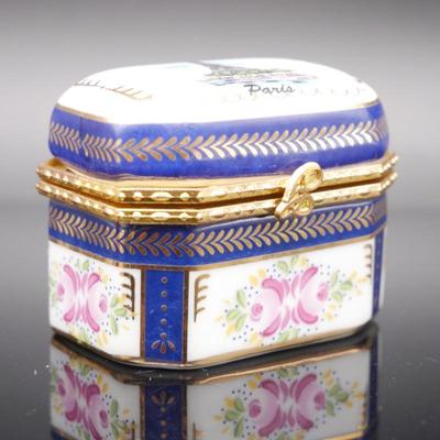 Paris Trinket/Pill Box with Floral Pattern and Blue & Gold Details