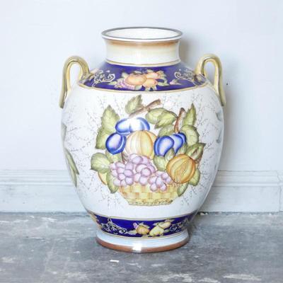 Large Double-Handled Ceramic Vase with Fruit Basket Design