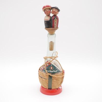 Glass Chianti Bottle with Carved Wooden Couple Stopper