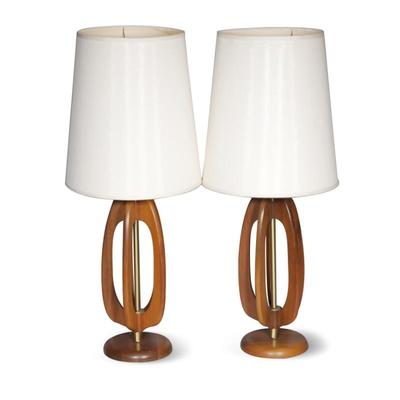 Pair of Mid-Century Modern Sculptural Teak and Brass Table Lamps