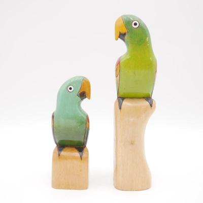 Pair of Wooden Carved Tropical Parrot Figurines