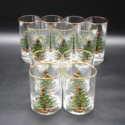 Lot of 11 Christmas Tree Glass Tumblers with Golden Rims