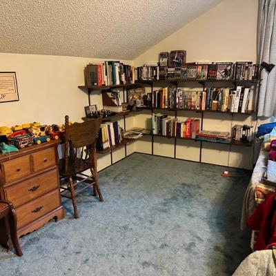 Books, book shelves, desk, chair