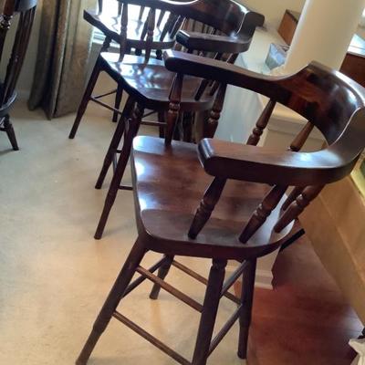 $199- 4 barstools, 3 with barrel backs and swivel 29"H seat height 42"H to back, 29"H 19"diameter or 4th stool...