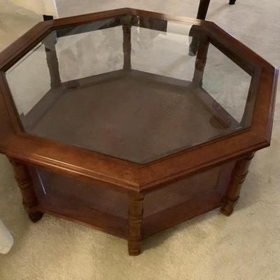 $125- 2 tier table beveled glass 15"H 38"diameter