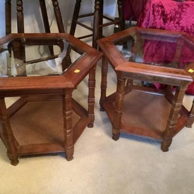 $50 each or both for $90- end table with 2 tiers and beveled glass 20"H 24"diameter 