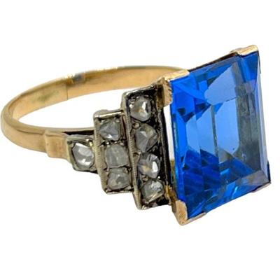 #35 • 1900's 18k & Platinum Natural/Rose Cut Diamonds w/ Blue Glass Emerald Cut Center Stone Ring- Size 6.5
