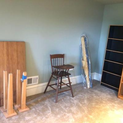 Deconstructed Butcher Block Table (24.1/2" x 47.1/2" x 30" H). Vintage Baby High Chair, Upholstery Weight Fabric.