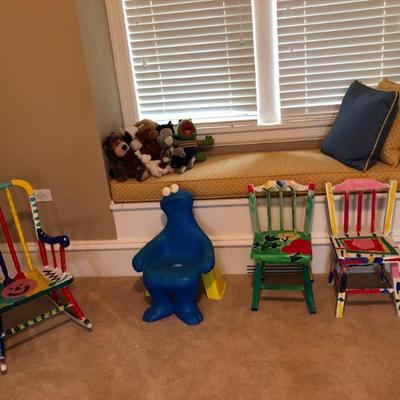 Chairs for Children (Cookie Monster Chair, Two Side Chairs, Rocking Chair). Stuffed Animals, Throw Pillows