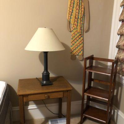 Side Table/Night Stand with Single Drawer ( H 25in | W 24in | D 18in). Folding 3 Shelf Book Case (H 37in | W 14in | D 18in)