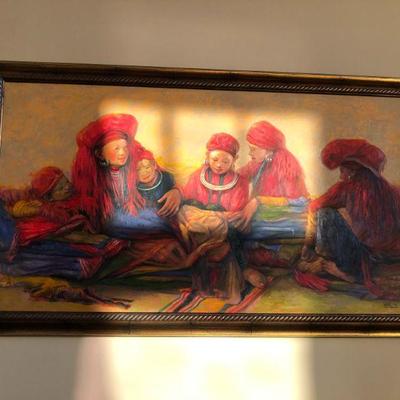 2005 Untiled Acrylic on canvas painting by Vu Ngoc Vinh. A scene of familial Hmong women and children sitting together  surrounded by...