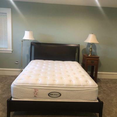 Shermag Queen Sleigh Bed Frame, Simmons Beauty Rest Queen Mattress, Brass Floor Lamp, Brass Table Lamp, Asian Style Night Stand.