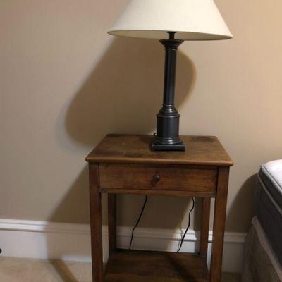 Side Table/Night Stand with Single Drawer ( H 28.1/2in | W 20.7/8in | D 16in) and (Bronze Tone Mission Style Lamp 26.1/4in Tall - SOLD).