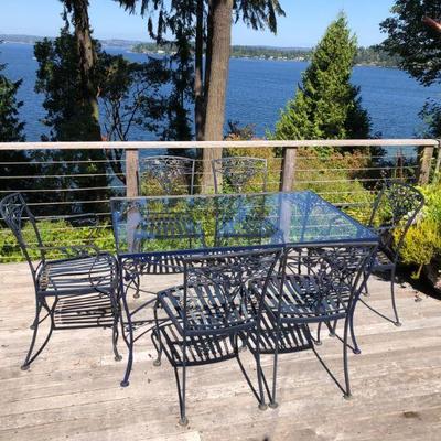 Blue Wrought Iron Glass Top Table and 6 Chairs