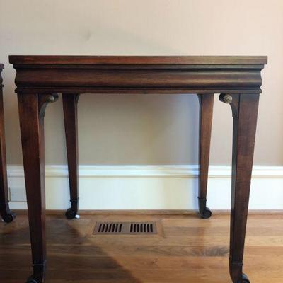 Showing 1 of 2 Mahogany End Tables with Leather Top inset. H 27.1/4in | W 26in | D 22in