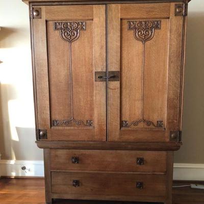 Antique Oak Armoire/Storage Cabinet with Copper Hardware. H 80in | D 19.1/2in W 55.1/2in