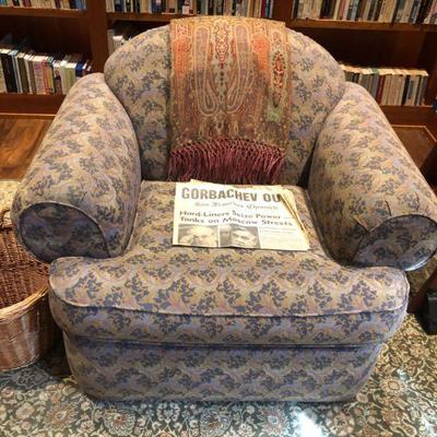 Overstuffed Arm Chair, Ephemera, Wool Pashmina  Shawl, Area Rug.
