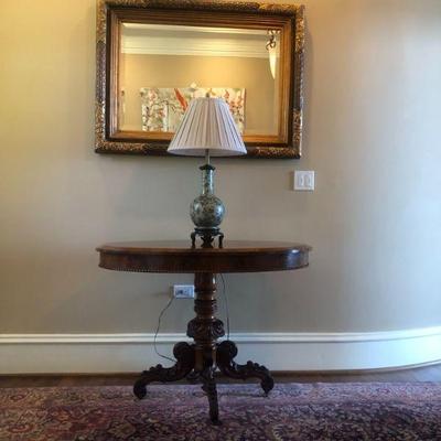 Antique Oval Walnut or Mahogany Pedestal Table on casters. W 41in | H 29.1/2in | D 29in