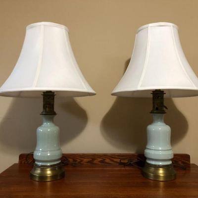 24" Tall Celadon Green Ceramic Lamps with Brass Hardware and Shades.