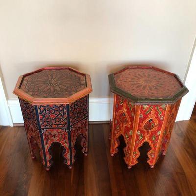 2 Hand Painted, Hand Made Moroccan Moucharabi Side Tables. Diameter 15in | H 20.1/2in