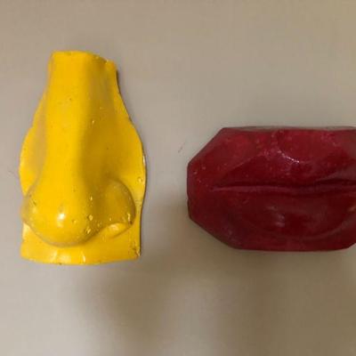 Nose and Lip Wall Art. Yellow Nose (H 7.1/4in  | W 4.1/4in). Red Lips (H 5in | W 7.3/4in)
