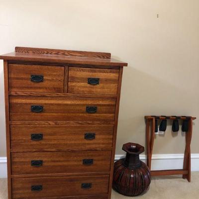 Chest of Drawers/Highboy ( H 50in | W 36.1/4in | D 18.1/2in), Wicker Vase, Luggage Rack