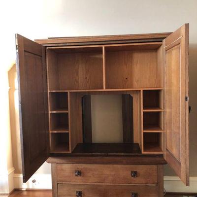 Modified Interior of Oak Armoire/Storage Cabinet.  (This cabinet comes apart in 3 sections)