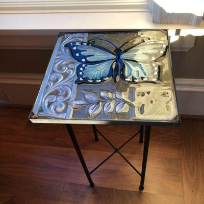 Small Glass and Metal Butterfly Table. H 21in | Top 12in x 12in.