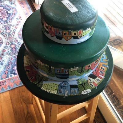 Bowls turned upside down to show size difference. (Hand Painted Stool and Bowls by Adah Edwards.)