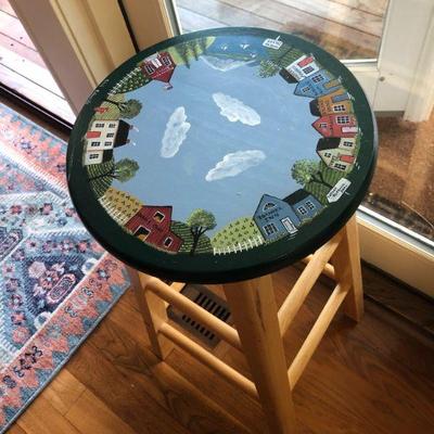Hand painted stool by Adah Edwards. Painting on top of stool represents Mercer Island.
