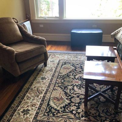 Upholstered Arm Chair, Two Side Tables, Storage Ottoman, Area Rug, Blanket Rack.