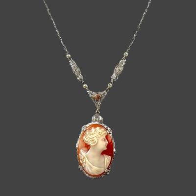 #46 • Antique 10k Carved Cameo Pendant Necklace with Filigree - With Original Box
