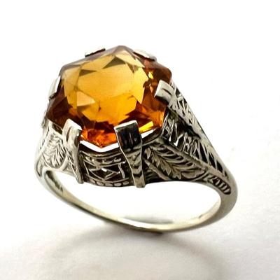 #26 • Art Deco 14K White Gold Filigree & Citrine Ring - Size 6-3/4
