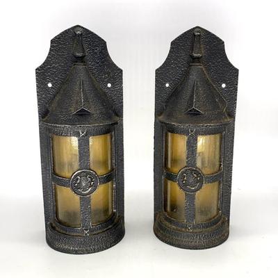 Pr. of vtg. hammered cast aluminum, Tudor-styled wall sconces, ht. 14 in.